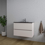 Saniclass Chaci Ensemble meuble de salle de bains - 80x46x55cm - lavabo céramique noir - 1 vasque - 1 trou de robinet - 2 tiroirs - cotton mat (beige) SW1182339
