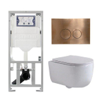 QeramiQ Dely Swirl Toiletset - 36.3x51.7cm - Geberit UP320 inbouwreservoir - met Burda frame - slim zitting - koperen bedieningsplaat - ronde knoppen - wit glans SW1126092