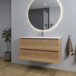 Adema Chaci Meuble salle de bain - 100x46x57cm - 1 vasque en céramique blanche - 1 trou de robinet - 2 tiroirs - miroir rond avec éclairage - cannelle SW816282