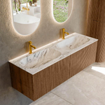 MONDIAZ KURVE-DLUX 140cm Meuble salle de bain - couleur Walnut - 2 tiroirs - vasque STOR SMALL double - 2 trous de robinet - couleur Glace SW1138087