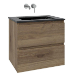 Saniclass Chaci Ensemble meuble de salle de bains - 60x46x55cm - lavabo céramique noir - 1 vasque - sans trou de robinet - 2 tiroirs - chêne SW791722