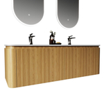 Saniclass Terra Wastafelonderkast - 140cm - 4 lades - wastsafel solid surface - 2 wasbakken - 2 kraangaten - afgeronde hoeken - sandwood (Licht eiken) SW1447040