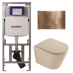 QeramiQ Dely Pack WC - 36,3x51,7cm - à fond creux - sans bride - réservoir encastré Geberit UP320 - abattant WC à fermeture douce - plaque de commande en cuivre - boutons ronds - beige mat SW1242415