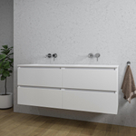 Saniclass Chaci Meuble de salle de bain - 140x46x55cm - 4 tiroirs - lavabo en céramique blanc - 2 vasques - sans trous de robinet - blanc mat SW1171452