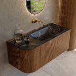 MONDIAZ KURVE-DLUX 105cm Meuble salle de bain avec module 25 G - couleur Walnut - 1 tiroir - 1 porte - vasque BIG SMALL droite - sans trou de robinet - couleur Lava SW1137226