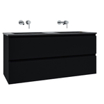 Saniclass Chaci Ensemble meuble de salle de bains - 120x46x55cm - lavabo céramique noir - 2 vasques - sans trous de robinet - 2 tiroirs - noir mat SW809399