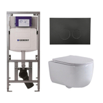 QeramiQ Dely Swirl Toiletset - 36.3x51.7cm - Geberit UP320 inbouwreservoir - met Burda frame - slim zitting - mat zwarte bedieningsplaat - ronde knoppen - wit glans SW1126088