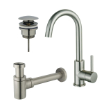 FortiFura Calvi Kit robinet lavabo - robinet haut - bec rotatif - bonde clic clac - siphon design bas - Inox brossé PVD SW891971