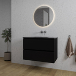 Saniclass Chaci Meuble de salle de bain - 80x46x55cm - lavabo en céramique noir - 1 vasque - sans trou de robinet - 2 tiroirs - ronde miroir avec éclairage - noir mat SW816277