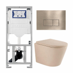 QeramiQ Dely Toiletset - 36.3x51.7cm - diepspoel - rimless - Geberit UP320 inbouwreservoir - softclose toilet zitting - 35mm - geborsteld messing bedieningsplaat - rechthoekige knoppen - mat beige SW1236508