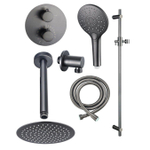 Fortifura Calvi Inbouw Regendoucheset - rond - thermostatisch - plafondarm - glijstang - 25cm - hoofddouche - ronde handdouche - metalen doucheslang - PVD - geborsteld gunmetal (antraciet) SW1244945