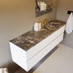 Mondiaz VICA-DLUX ensemble de meuble de salle de bain - 150cm - meuble sous-vasque talc - 4 tiroirs - lavabo encastré cloud droite - 1 trou de robinet - miroir modèle spot - version XL 60cm haut - lave SW1098592