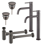 FortiFura Calvi Kit robinet lavabo - pour double vasque - robinet rehaussé - bonde non-obturable - siphon design - Gunmetal PVD SW915314