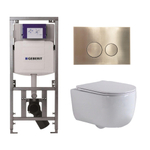 QeramiQ Dely Swirl Toiletset - 36.3x51.7cm - Geberit UP320 Burda inbouwreservoir -slim zitting - geborsteld messing bedieningsplaat - ronde knoppen - wit glans SW1126097
