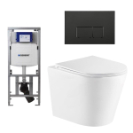 QeramiQ Dely Pack WC cuvette sans bride 36.3x51.7cm avec bâti-support Geberit UP320 abattant WC blanc brillant frein de chute et plaque de commande Noir mat boutons Rectangulaires SW804654