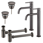 Fortifura Calvi Kit robinet lavabo - pour double vasque - robinet rehaussé - bonde non-obturable - siphon design bas - Gunmetal PVD SW892010