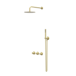 IVY Bond Ensemble de douche pluie - encastrable - symétrie - 2 robinets d'arrêt - bras plafond 30 cm - pomme de douche medium 30 cm - support avec sortie - flexible de douche 150 cm - douchette satin spray - Or brossé mat PVD SW1034364