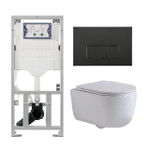 QeramiQ Dely Swirl Toiletset - 36.3x51.7cm - Geberit UP320 inbouwreservoir - met Burda frame - slim zitting - mat zwarte bedieningsplaat - rechthoekige knoppen - wit glans SW1126089