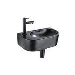 QeramiQ Fuente Fonteinset - 40x21.5x12cm - links - glad - halfrond - 1 kraangat - keramiek - fonteinkraan zwart mat - afvoerplug - verlaagd sifon - zwart mat SW1232795