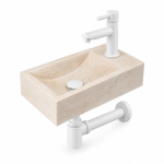 Saniclass Fuente Fonteinset - 40x22x10cm - kraangat rechts - fonteinkraan mat wit - afvoerplug - verlaagd sifon - gemeleerd natuursteen SW1445944