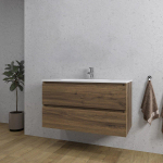 Saniclass Chaci Meuble de salle de bain - 100x45x55cm - lavabo en céramique brillant blanc - 1 vasque - 1 trou de robinet - 2 tiroirs - noyer SW721293