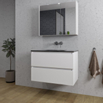 Saniclass Chaci Meuble de salle de bain - 80x46x55cm - lavabo en céramique noir - 1 vasque - sans trou de robinet - 2 tiroirs - armoire miroir - blanc mat SW856579