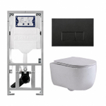 QeramiQ Dely Swirl Toiletset - 36.3x51.7cm - diepspoel - rimless - Geberit UP320 inbouwreservoir - met Burda frame - slim zitting - mat zwarte metalen bedieningsplaat - rechtehoekige knoppen - mat wit SW1126108