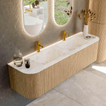 MONDIAZ KURVE-DLUX 170cm Meuble salle de bain avec module 25 G et D - couleur Oak - 1 tiroir - 2 portes - vasque LEAF double - 2 trous de robinet - couleur Frappe SW1137395