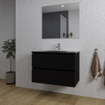 Saniclass Chaci Meuble de salle de bain - 80x46x55cm - lavabo en céramique noir - 1 vasque - 1 trou de robinet - 2 tiroirs - miroir rectangulaire - noir mat SW816551