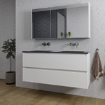 Saniclass Chaci Meuble de salle de bain - 120x46x55cm - lavabo en céramique noir - 2 vasques - sans trous de robinet - 2 tiroirs - armoire miroir - blanc mat SW856587