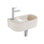 QeramiQ Fuente Fonteinset - 40x21.5x12cm - links - geribbeld - halfrond - 1 kraangat - keramiek - fonteinkraan geborsteld rvs - afvoerplug - verlaagd sifon - beige SW1233020