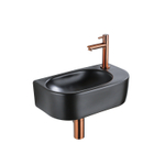 QeramiQ Fuente Fonteinset - 40x21.5x12cm - rechts - glad - halfrond - 1 kraangat - keramiek - fonteinkraan geborsteld koper - afvoerplug - verlaagd sifon - zwart mat SW1232838