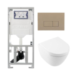 Villeroy & Boch Subway 2.0 compact DirectFlush Toiletset - Geberit reservoir - softclose - quickrelease - bedieningsplaat taupe - rechthoekige knoppen - wit SW1164212