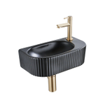 QeramiQ Fuente Ensemble de lavabo - 40x21.5x12cm - droit - strié - demi-rond - 1 trou de robinet - céramique - robinet de lavabo laiton brossé - bonde de vidage - siphon abaissé - noir mat SW1233027