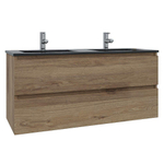 Saniclass Chaci Ensemble meuble de salle de bains - 120x46x55cm - lavabo céramique noir - 2 vasques - 2 trous de robinet - 2 tiroirs - chêne SW809402