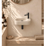 QeramiQ Fuente pack lave-mains – demi-rond – 40 x 21,5 x 12 cm – céramique beige – perçage à droite – robinet noir mat SW1232798