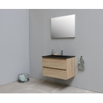 Basic Bella Meuble salle de bains avec lavabo acrylique Noir 80x55x46cm 1 trou de robinet avec miroir et éclairage Chêne SW491779