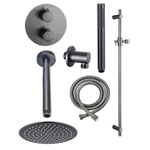 Fortifura Calvi Inbouw Regendoucheset - rond - thermostatisch - plafondarm - glijstang - 25cm - hoofddouche - staaf handdouche - metalen doucheslang - PVD - geborsteld gunmetal (antraciet) SW1244936