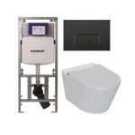 QeramiQ Luma Douche WC Set - Geberit UP320 inbouwreservoir - met Burda frame - fohn - ladydouche - mat zwarte metalen bedieningsplaat - rechthoekige knoppen - glans wit SW1472010