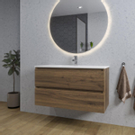 Adema Chaci Meuble salle de bain - 100x46x57cm - 1 vasque en céramique blanche - 1 trou de robinet - 2 tiroirs - miroir rond avec éclairage - Noyer SW816283