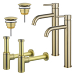 Fortifura Calvi Kit robinet lavabo - pour double vasque - robinet rehaussé - bonde non-obturable - siphon design - Laiton brossé PVD SW915310