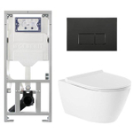 QeramiQ Salina Pack WC - sans bride - réservoir encastré Geberit - à fond creux WC suspendu - fermeture douce - déverrouillage rapide - panneau de commande avec boutons rectangulaires - noir mat - blanc SW791659