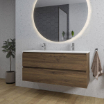 Saniclass Chaci Ensemble meuble de salle de bains - 120x46x55cm - lavabo en céramique blanc - 2 vasques - 2 trous de robinet - 2 tiroirs - miroir rond avec éclairage - noyer (bois) SW816304