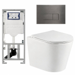 QeramiQ Dely Pack WC cuvette sans bride 36.3x51.7cm avec bâti-support Geberit UP320 abattant WC blanc brillant frein de chute et plaque de commande Gun metal boutons Rectangulaires SW804660