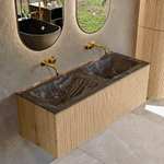 MONDIAZ KURVE-DLUX 120cm Meuble salle de bain - couleur Oak - 1 tiroir - vasque LEAF double - sans trou de robinet - couleur Lava SW1137204