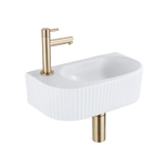 QeramiQ Fuente Fonteinset - 40x21.5x12cm - links - geribbeld - halfrond - 1 kraangat - keramiek - fonteinkraan geborsteld messing - afvoerplug - verlaagd sifon - wit mat SW1233024