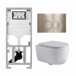 QeramiQ Dely Swirl Toiletset - 36.3x51.7cm - Geberit UP320 inbouwreservoir - met Burda frame -slim zitting - geborsteld messing bedieningsplaat - ronde knoppen - glans wit SW1126097