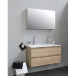 Basic Bella Meuble avec lavabo acrylique 2 trous de robinet 100x55x46cm avec armoire toilette à 2 portes gris Chêne SW398151