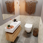 MONDIAZ ANDOR Toiletmeubel - 80x30x30cm - 0 kraangaten - 1 lades - washed oak mat - wasbak midden - Solid surface - Wit SW474264