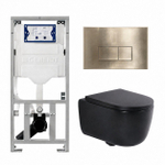 QeramiQ Dely Swirl Toiletset - 36.3x51.7cm - Geberit UP320 inbouwreservoir - met Burda frame - 35mm zitting - geborsteld messing bedieningsplaat - rechthoekige knoppen - mat zwart SW1138609